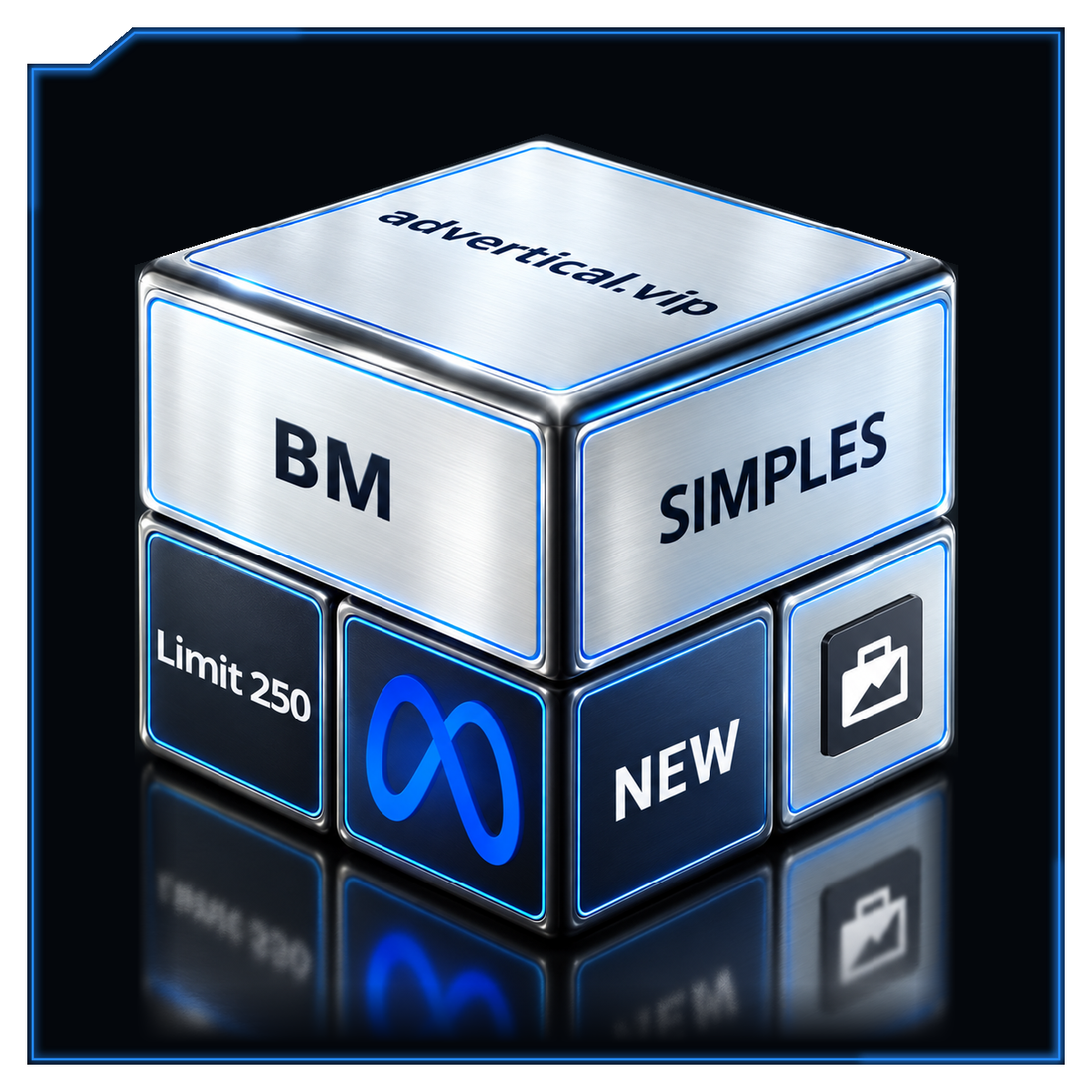 BM 250 nova restabelecida, SIMPLES e NEW — cubo prata azul com reflexo