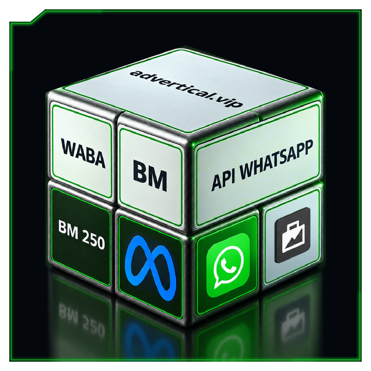 BM API WhatsApp 250, WABA — cubo verde bandeira com reflexo
