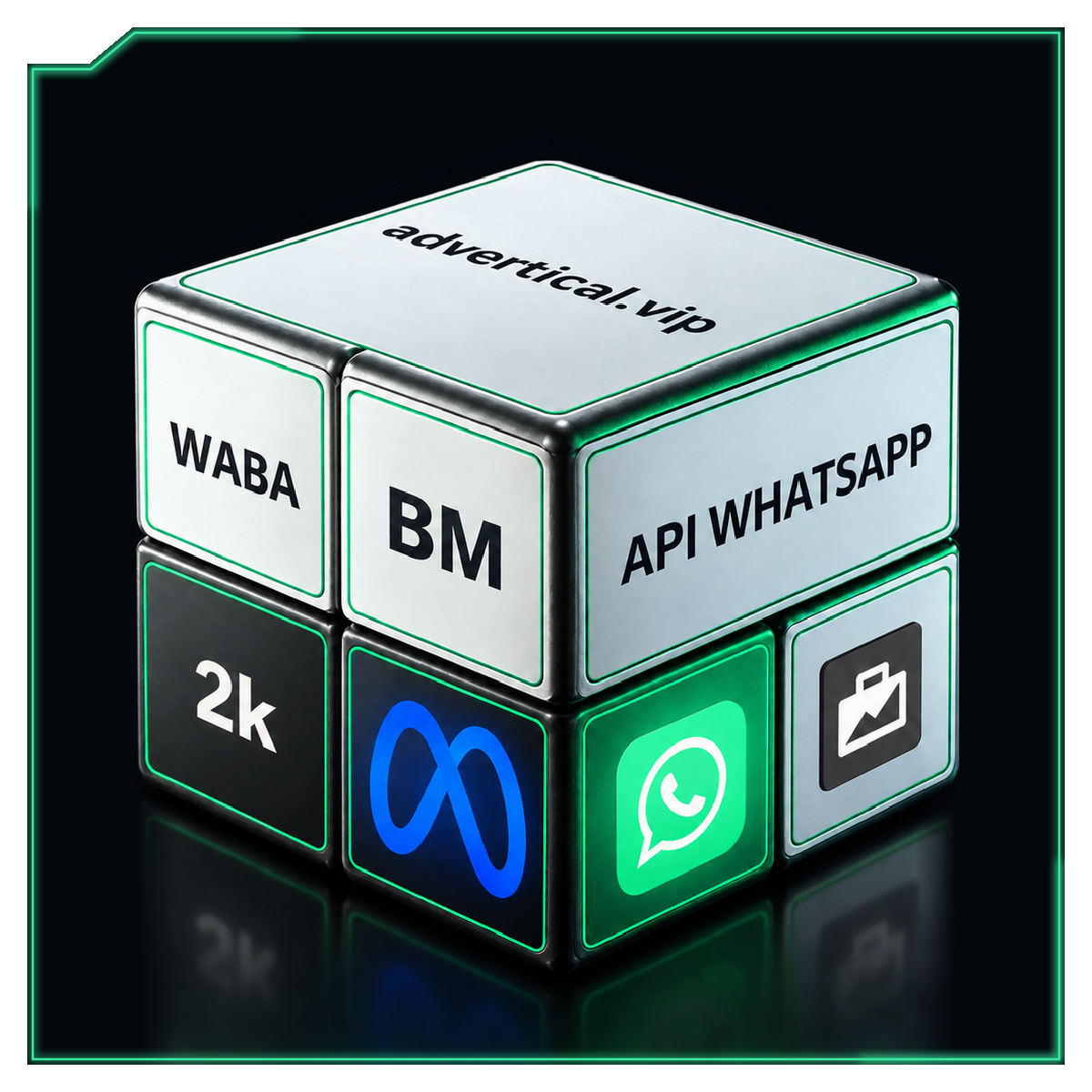 BM API WhatsApp 2K, WABA — cubo verde jade com reflexo