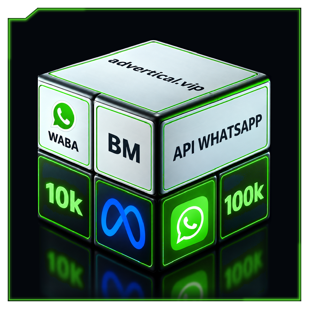 BM WhatsApp API 10K e 100K — cubo verde lima com reflexo