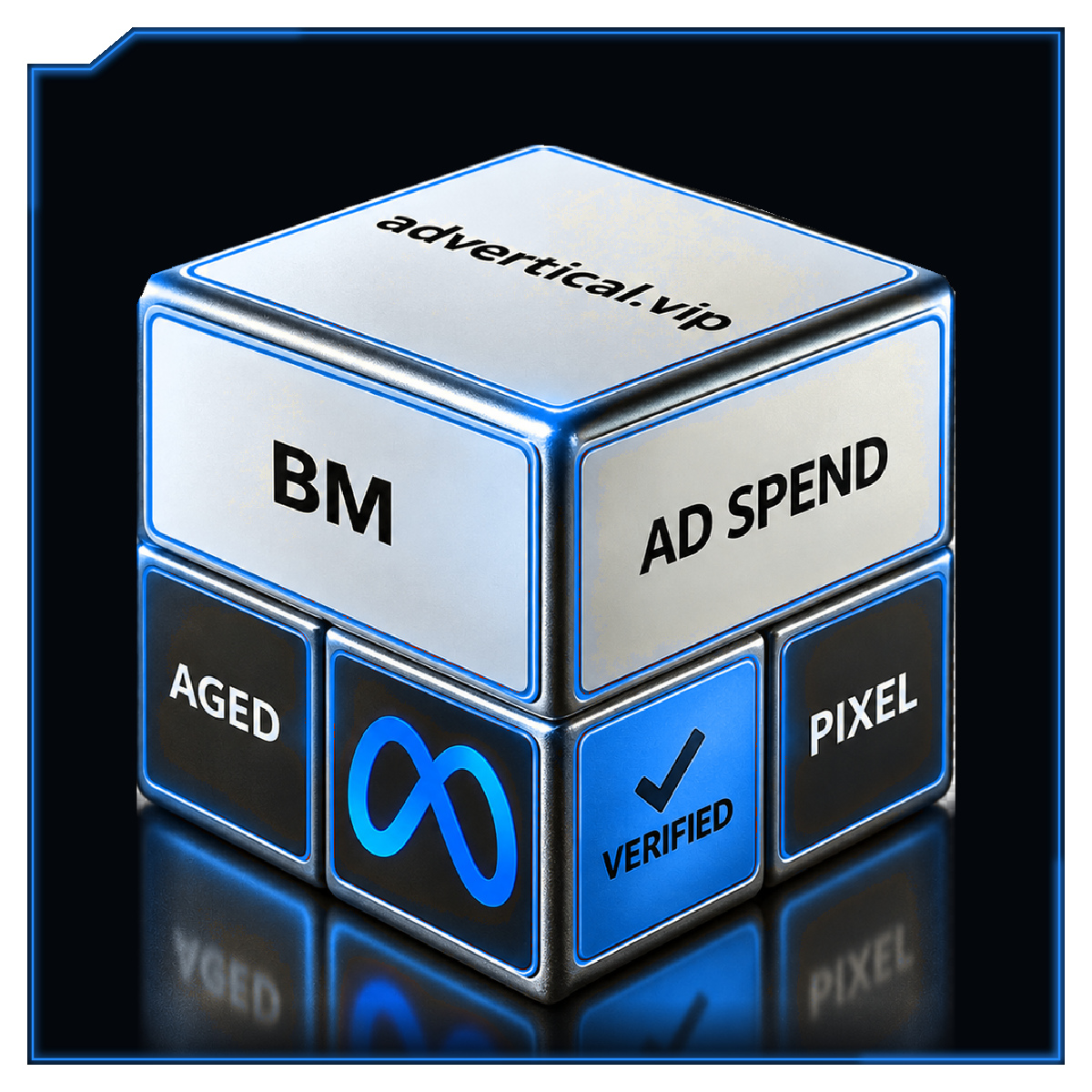 BM com gastos, aged, verified e pixel — cubo azul com reflexo